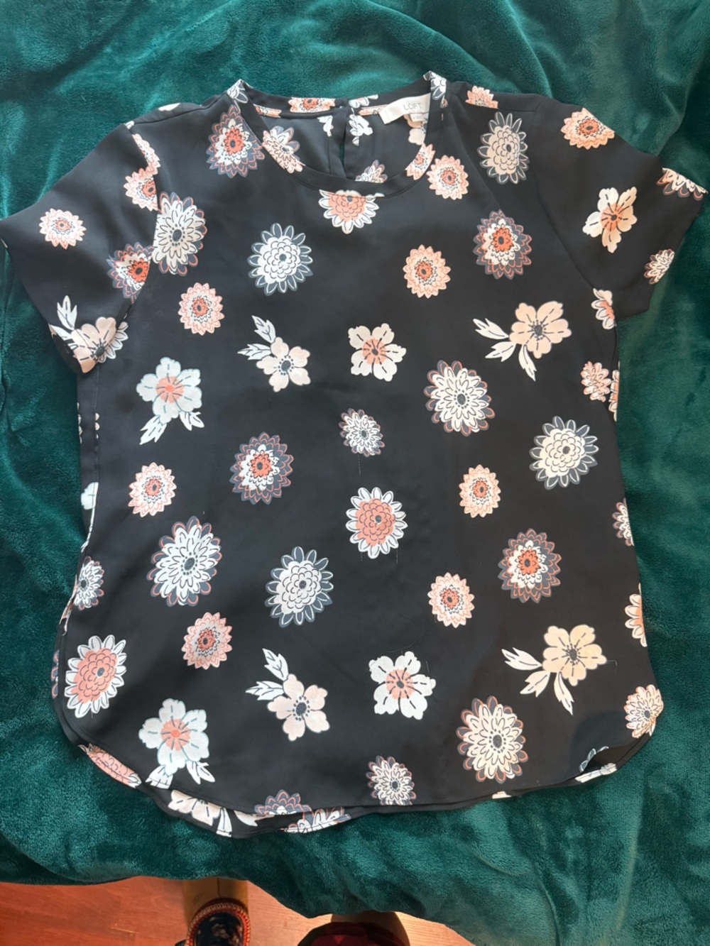 Black Floral Strapless Top with Peach & White Blooms